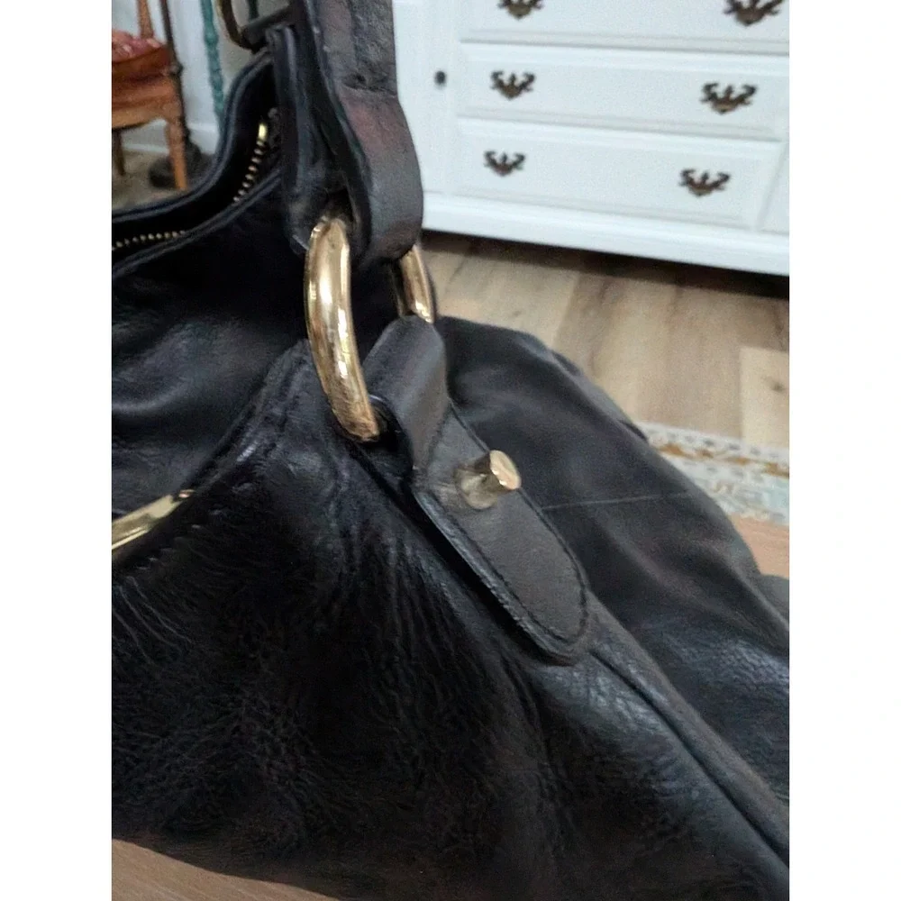 She+Lo BLACK Leather Hobo Handbag With‎ Gold Accents
